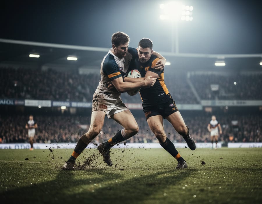 Two players contest the ball in an AFL tackle